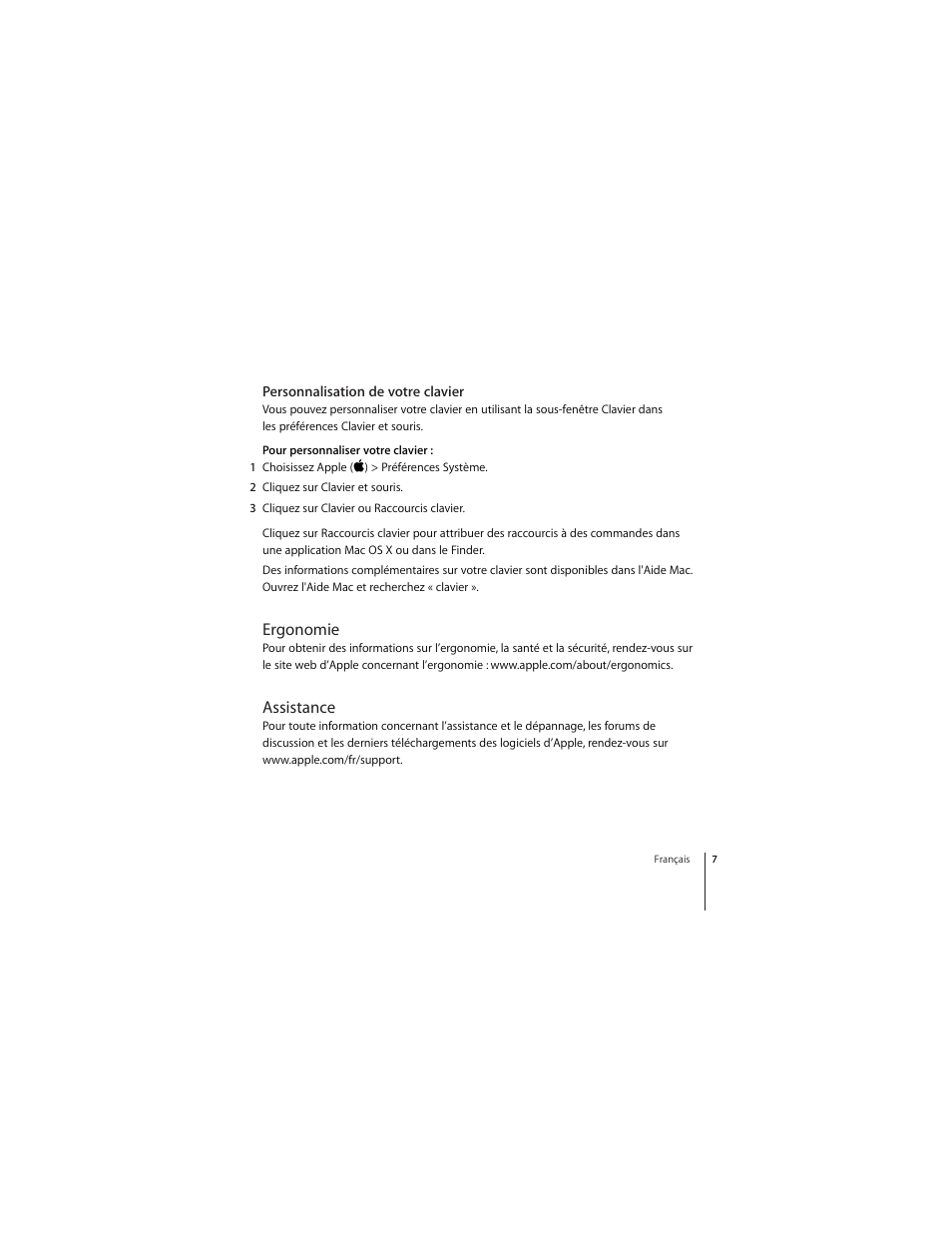 Personnalisation de votre clavier, Ergonomie, Assistance | Apple Keyboard (Aluminium; wired) User Manual | Page 7 / 50