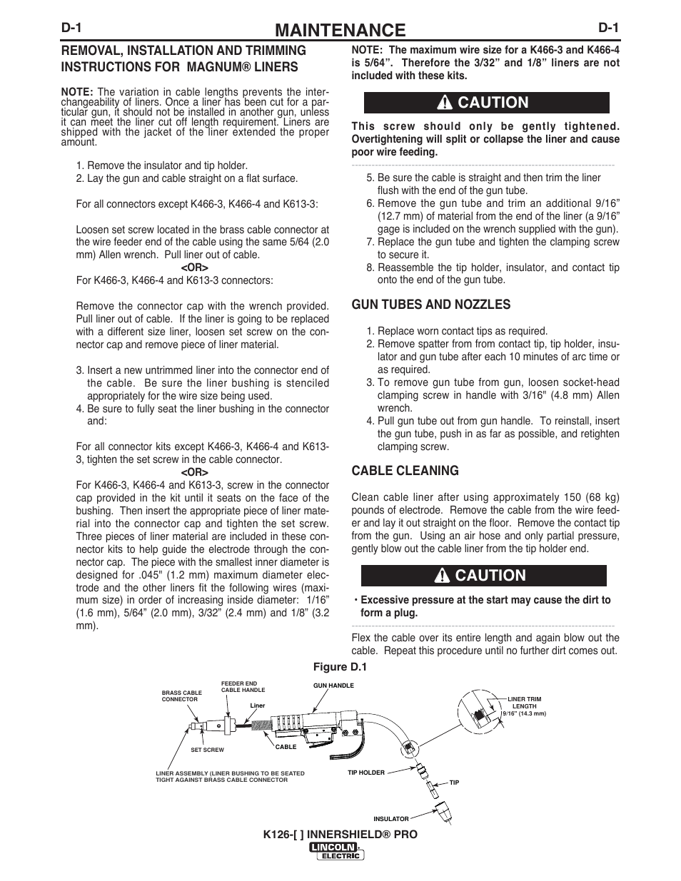Maintenance, Caution, Gun tubes and nozzles | Cable cleaning | Lincoln Electric IM10045 Innershield Pro Gun K126-10,11,12 User Manual | Page 18 / 27