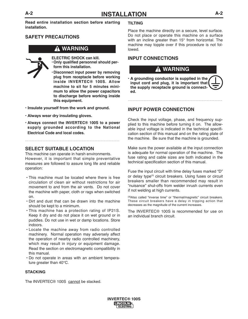 Installation, Warning | Lincoln Electric IM10060 INVERTEC 100S User Manual | Page 11 / 26