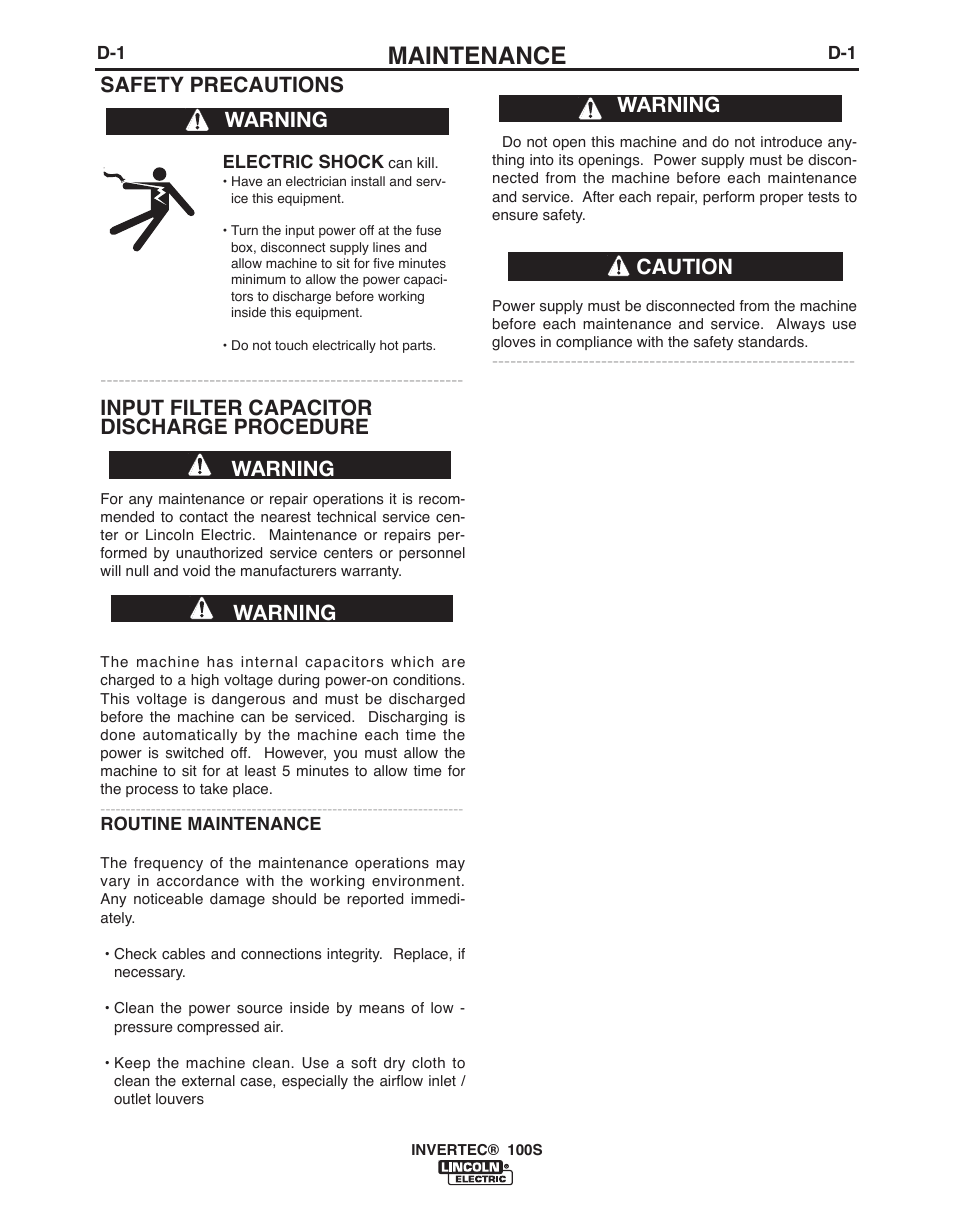 Maintenance, Safety precautions, Input filter capacitor discharge procedure | Warning, Warning caution warning warning | Lincoln Electric IM10060 INVERTEC 100S User Manual | Page 18 / 26