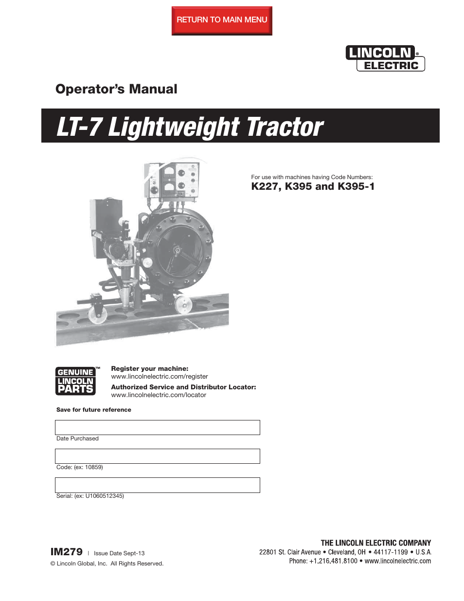 Lincoln Electric IM279 LT-7 LINCOLDWELD Tractor User Manual | 88 pages