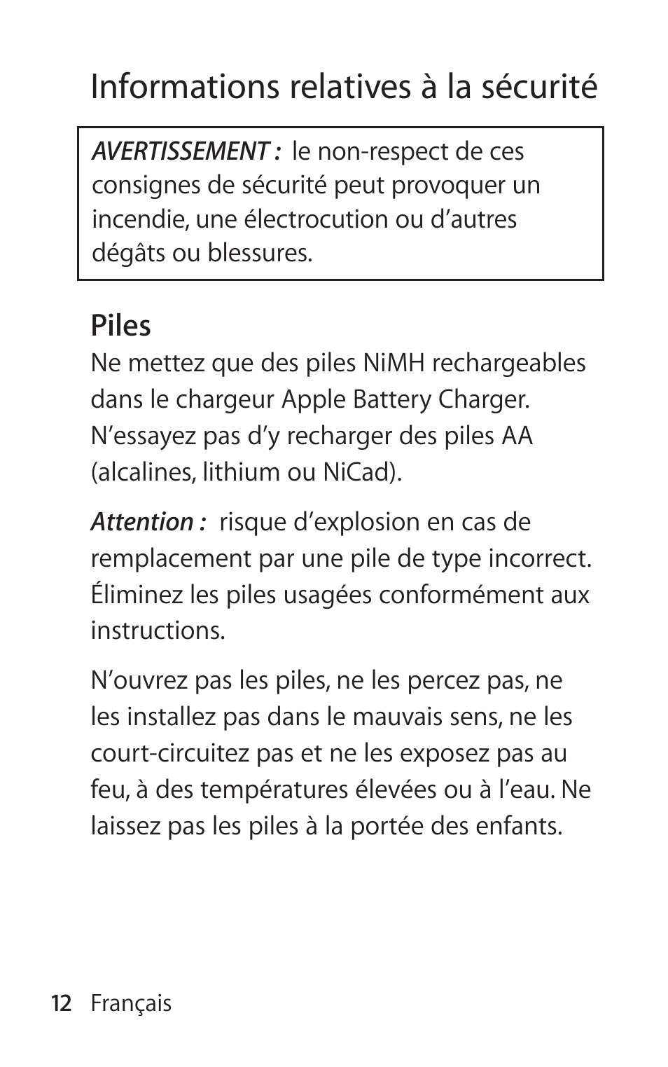 Informations relatives à la sécurité | Apple Battery Charger User Manual | Page 12 / 52