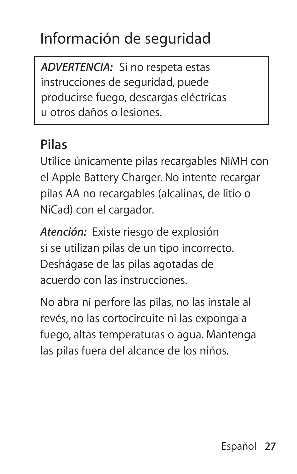 Información de seguridad | Apple Battery Charger User Manual | Page 27 / 52