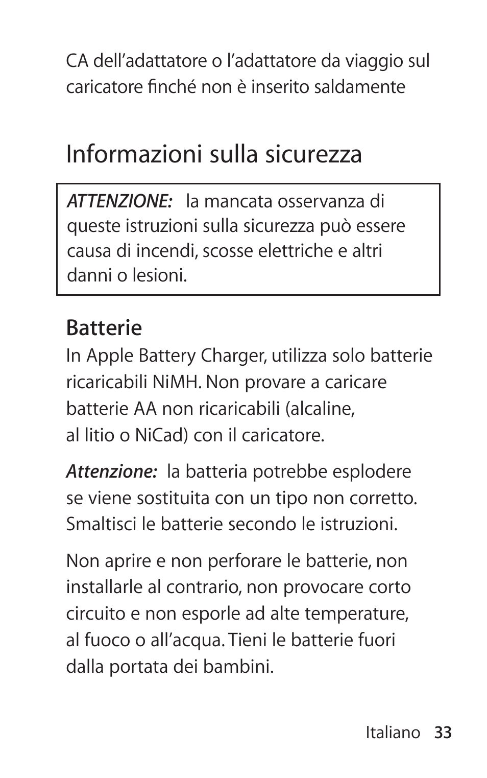 Informazioni sulla sicurezza | Apple Battery Charger User Manual | Page 33 / 52