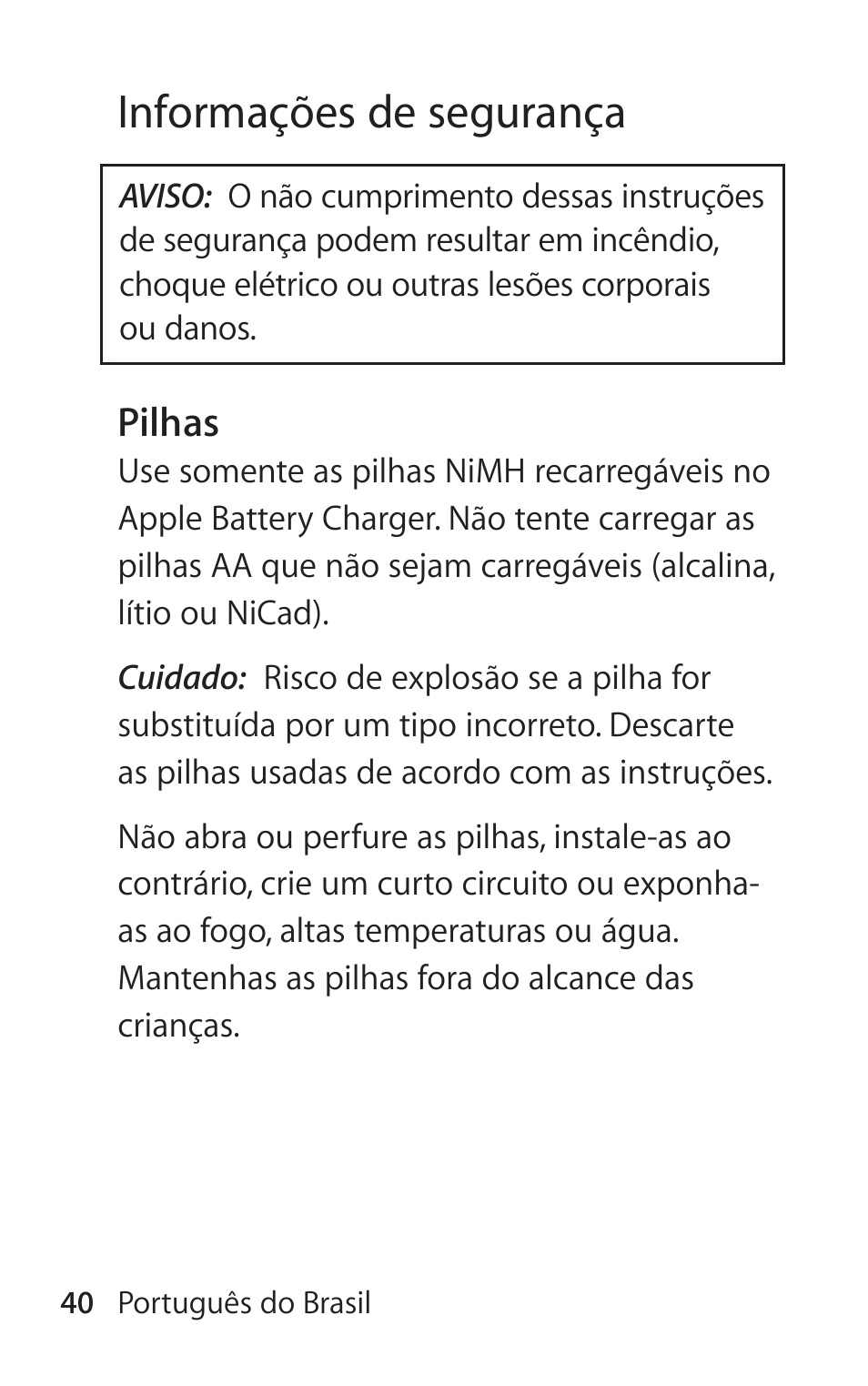 Informações de segurança | Apple Battery Charger User Manual | Page 40 / 52