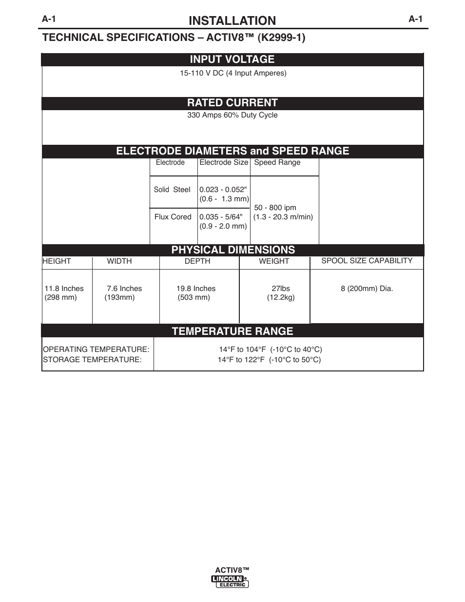 Installation, Temperature range | Lincoln Electric IM10085 ACTIV8 User Manual | Page 10 / 42