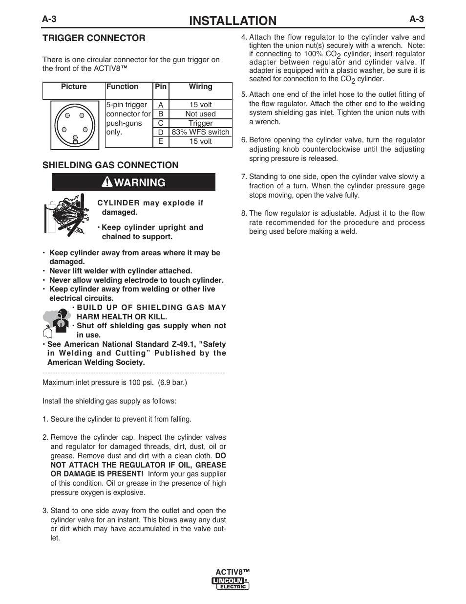 Installation, Warning | Lincoln Electric IM10085 ACTIV8 User Manual | Page 12 / 42