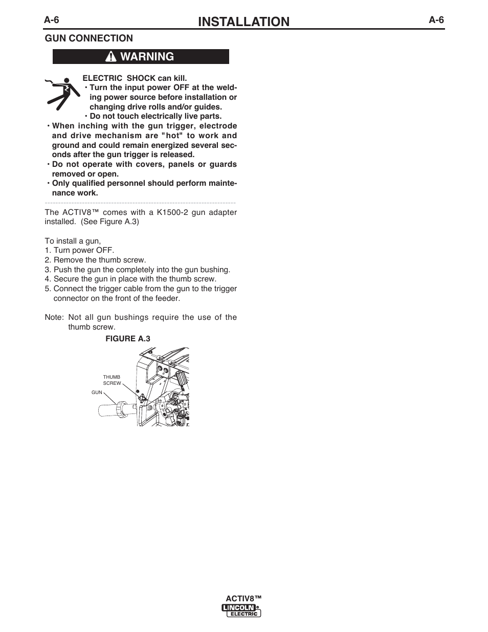 Installation, Warning | Lincoln Electric IM10085 ACTIV8 User Manual | Page 15 / 42