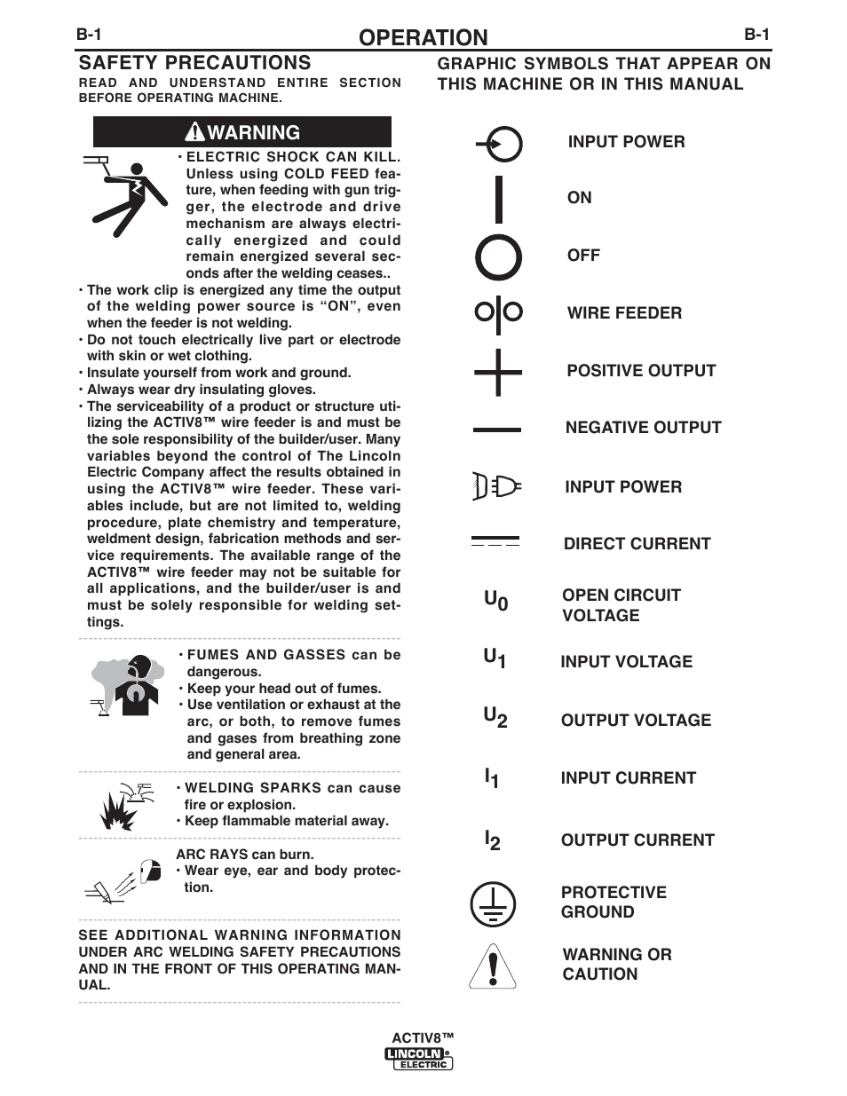 Operation, Warning safety precautions | Lincoln Electric IM10085 ACTIV8 User Manual | Page 20 / 42