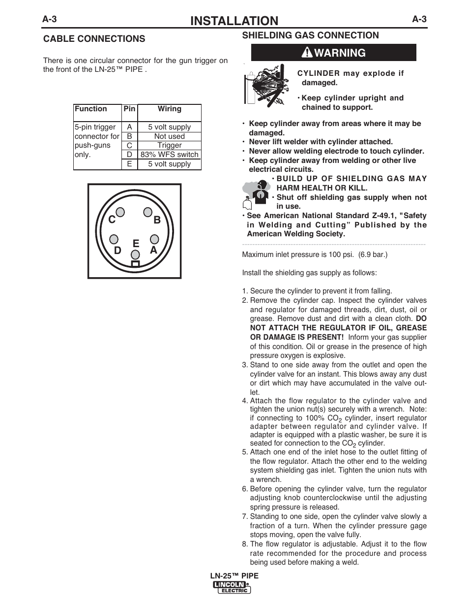 Installation, Warning, Ae c b d | Lincoln Electric IM10092 LN-25 PIPE User Manual | Page 12 / 39