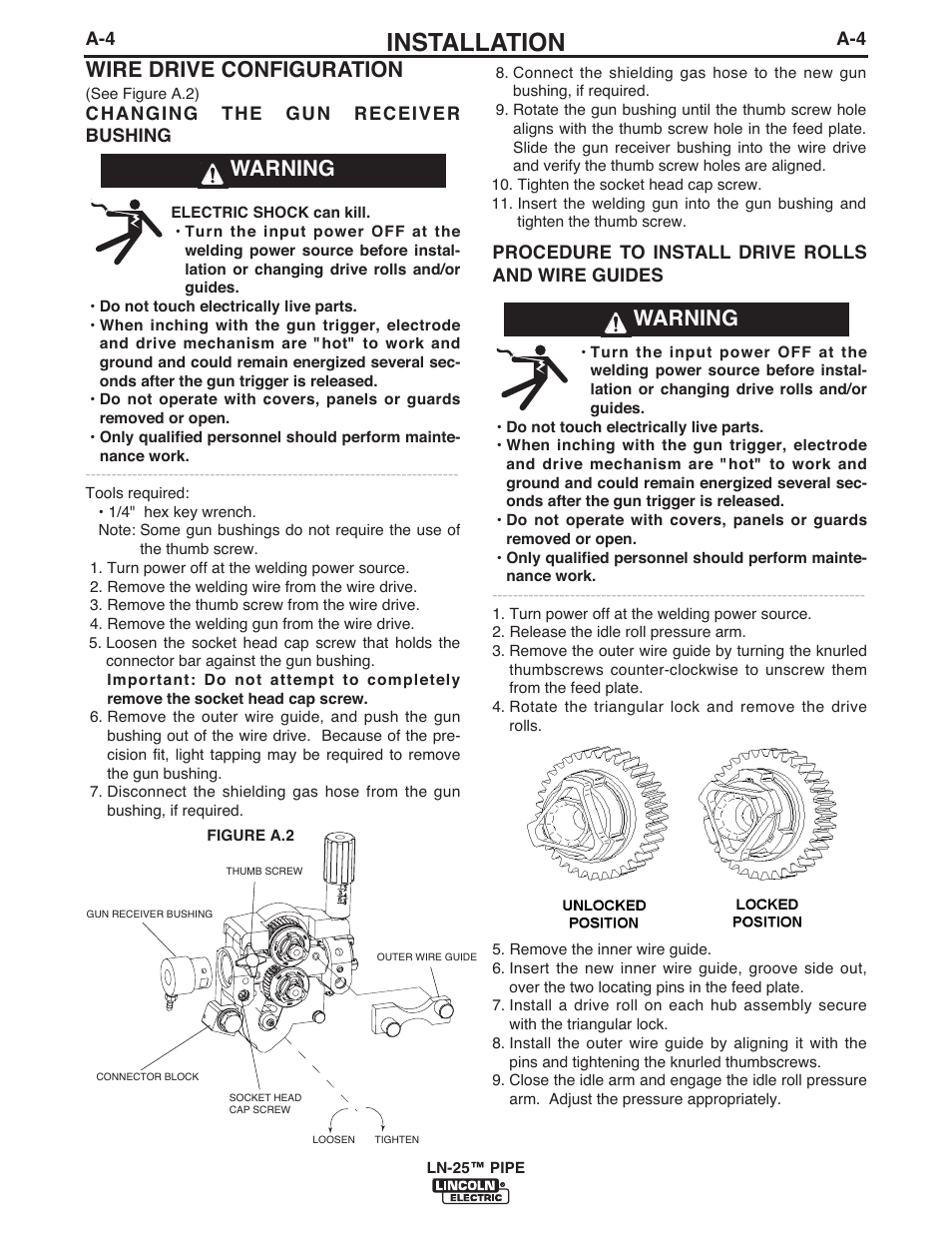 Installation, Wire drive configuration, Warning | Lincoln Electric IM10092 LN-25 PIPE User Manual | Page 13 / 39