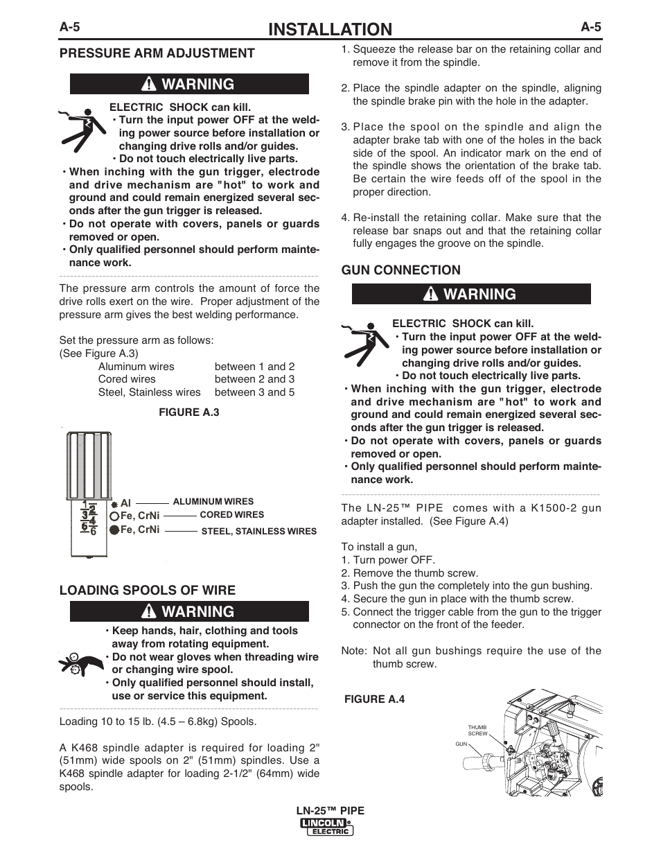 Installation, Warning | Lincoln Electric IM10092 LN-25 PIPE User Manual | Page 14 / 39