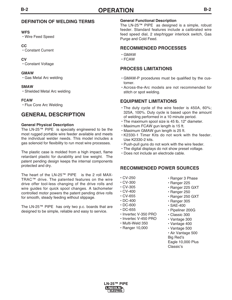 Operation, General description | Lincoln Electric IM10092 LN-25 PIPE User Manual | Page 19 / 39