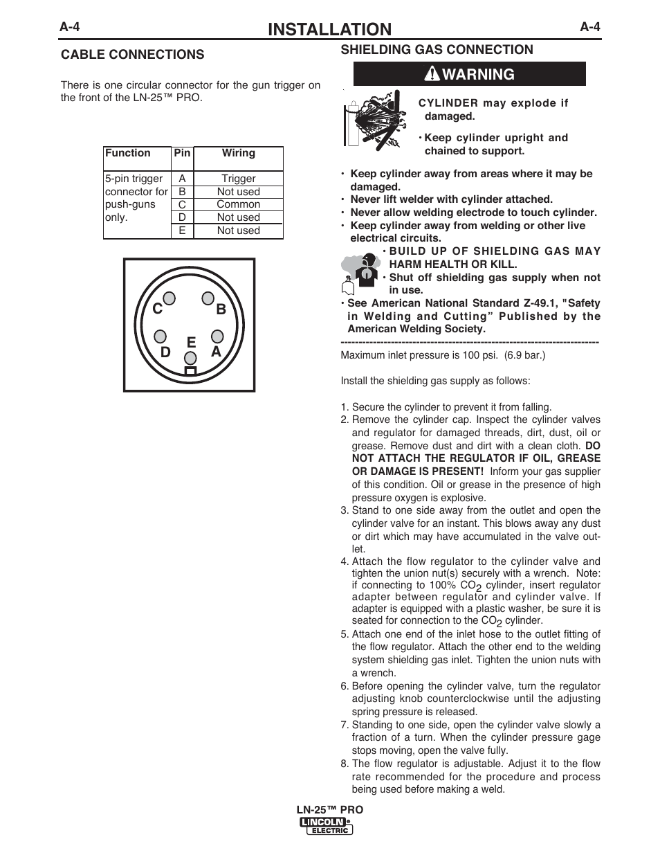 Installation, Warning, Ae c b d | Lincoln Electric IM10031 LN-25 PRO User Manual | Page 13 / 43