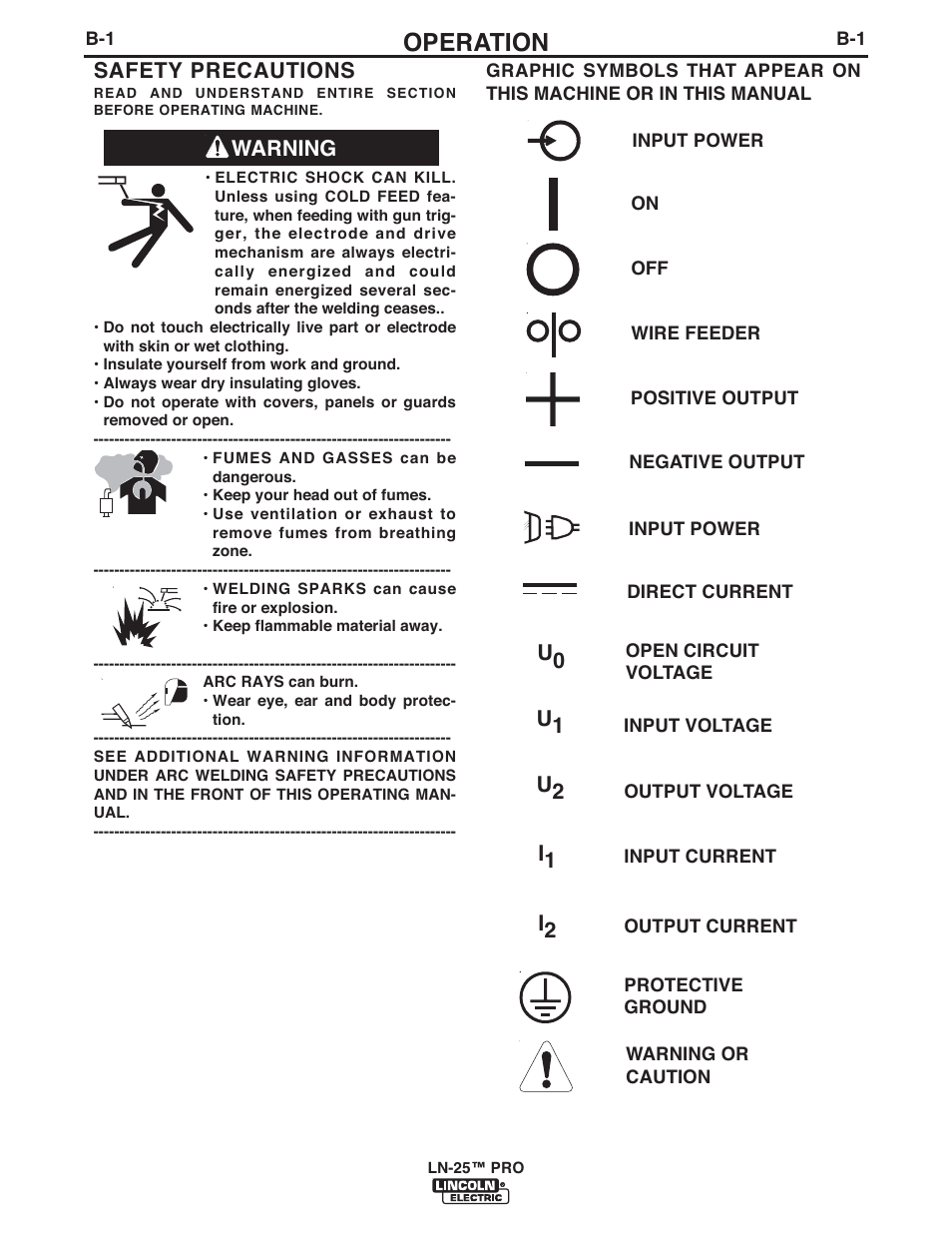 Operation, Warning safety precautions | Lincoln Electric IM10031 LN-25 PRO User Manual | Page 19 / 43