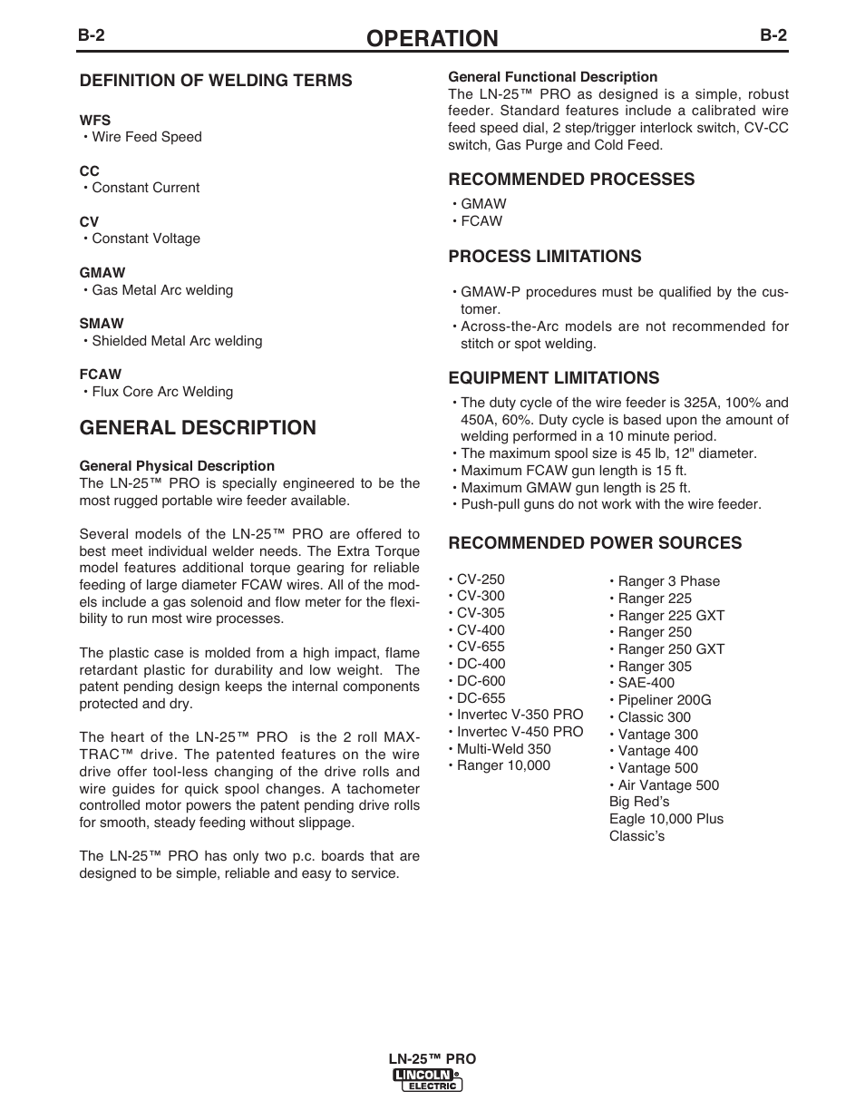 Operation, General description | Lincoln Electric IM10031 LN-25 PRO User Manual | Page 20 / 43