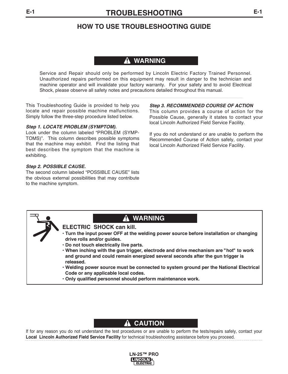 Troubleshooting, Caution, How to use troubleshooting guide | Warning | Lincoln Electric IM10031 LN-25 PRO User Manual | Page 36 / 43