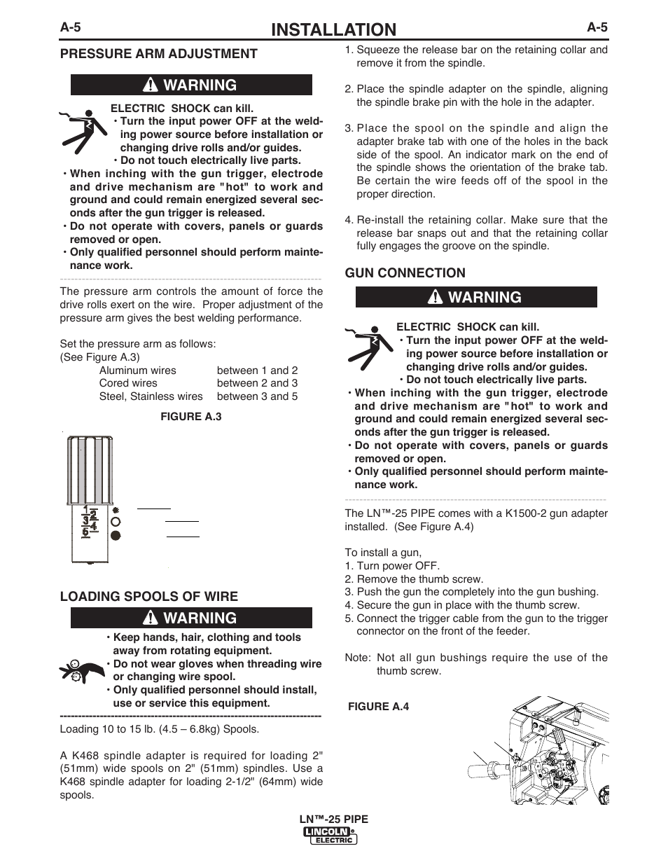 Installation, Warning | Lincoln Electric IM10056 LN-25 PIPE User Manual | Page 14 / 38