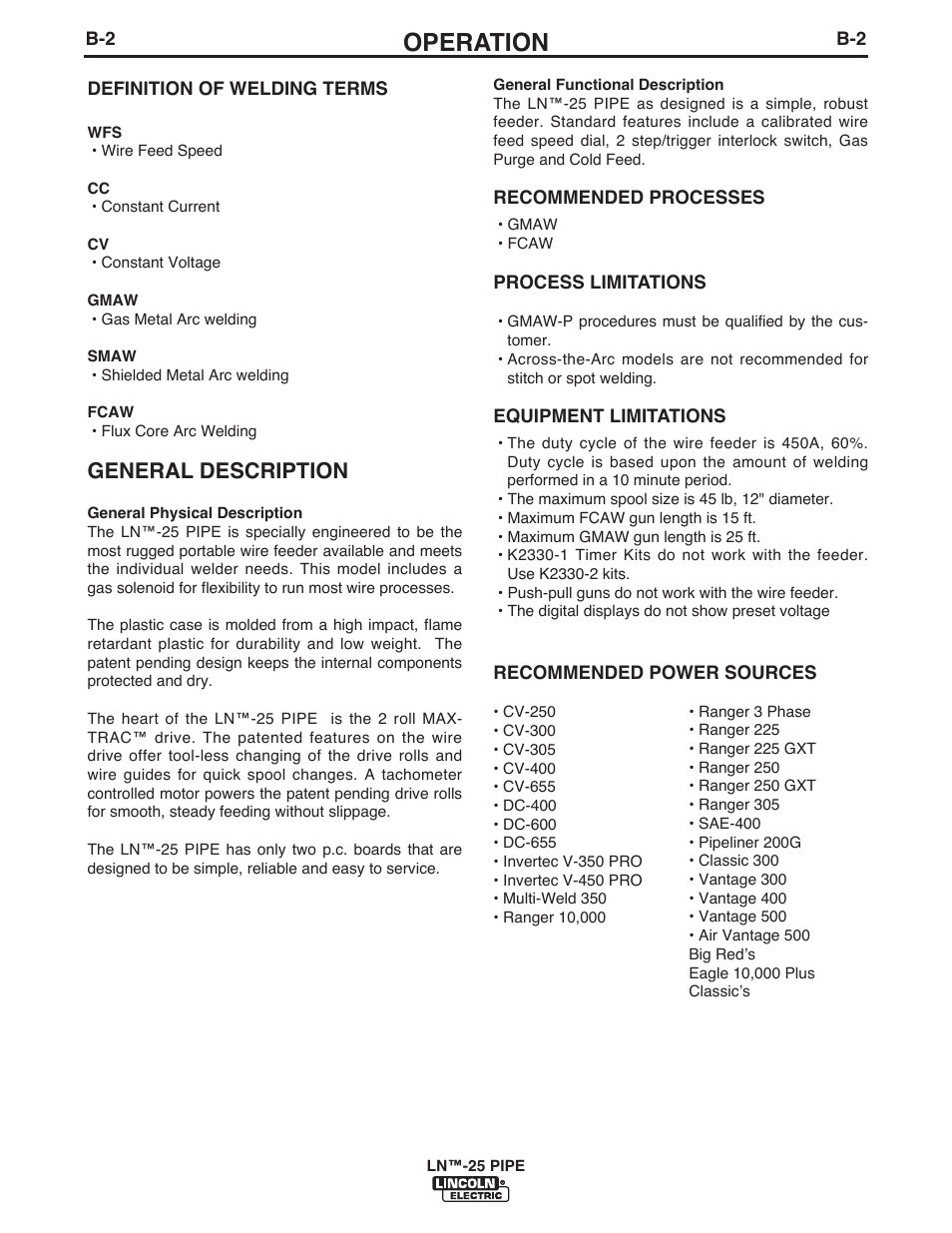 Operation, General description | Lincoln Electric IM10056 LN-25 PIPE User Manual | Page 18 / 38