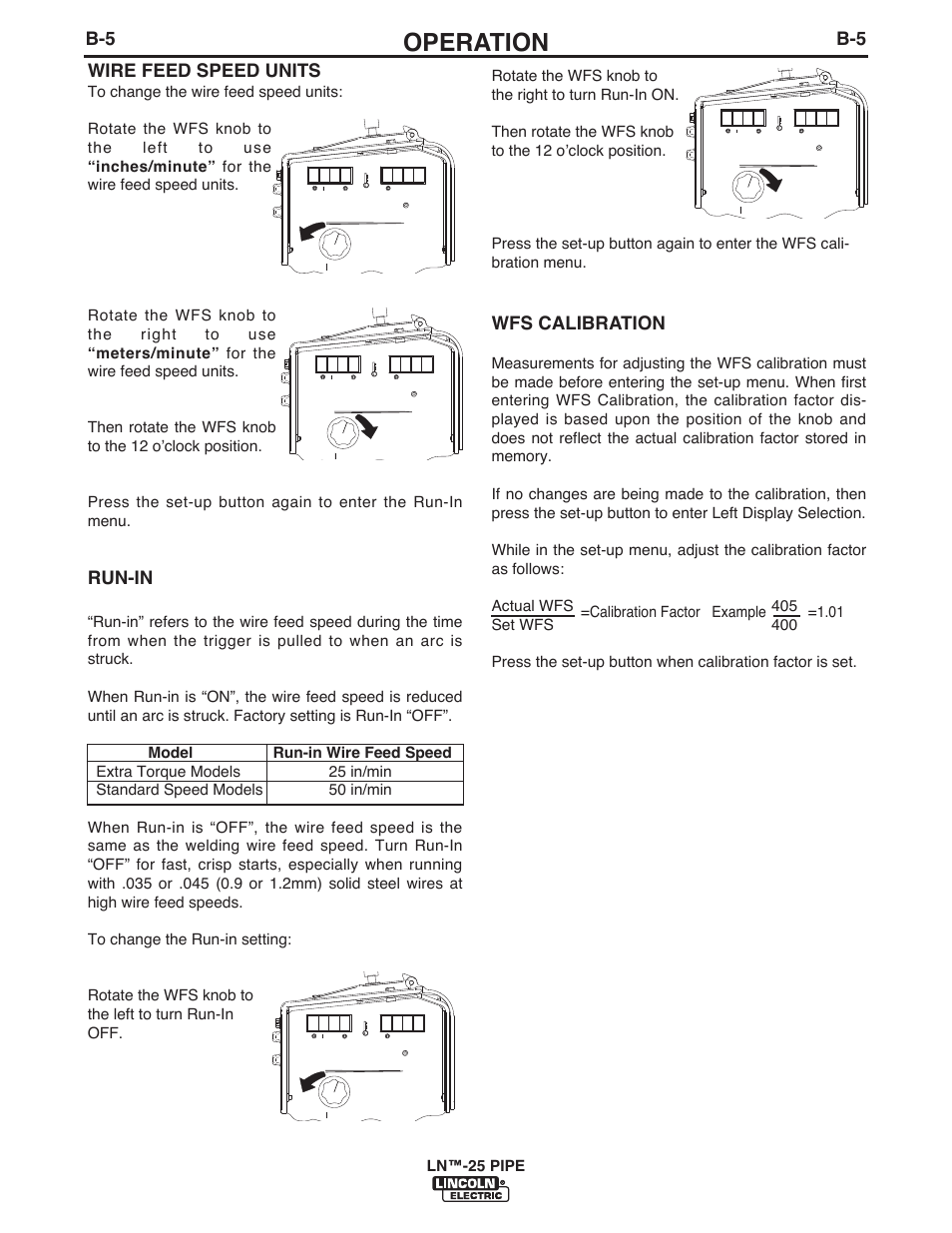 Operation, Wire feed speed units, Run-in | Wfs calibration | Lincoln Electric IM10056 LN-25 PIPE User Manual | Page 21 / 38