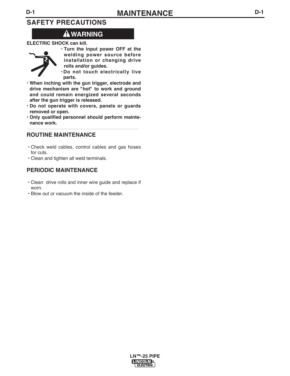 Maintenance, Warning safety precautions | Lincoln Electric IM10056 LN-25 PIPE User Manual | Page 29 / 38