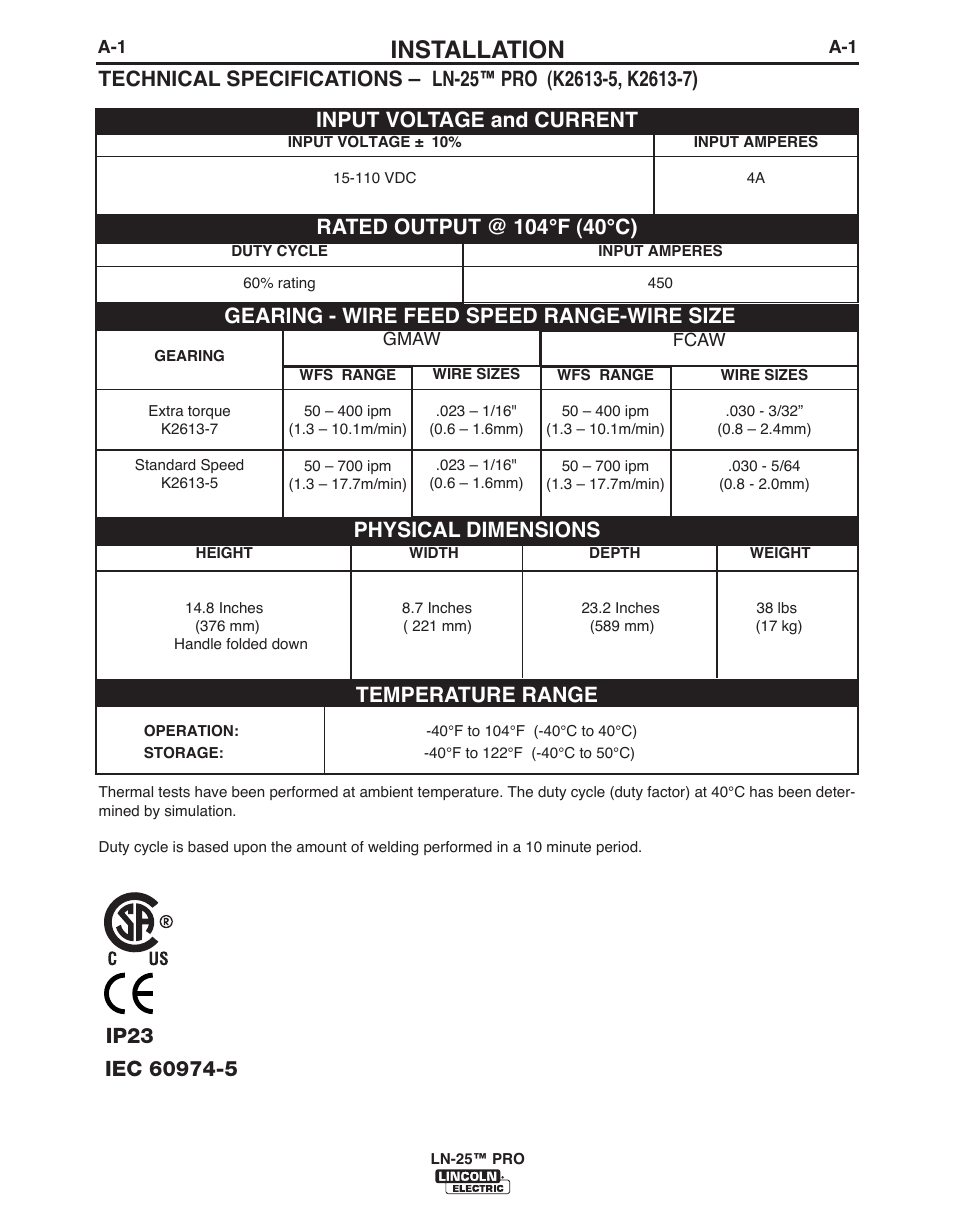 Installation, Temperature range, Physical dimensions | Gearing - wire feed speed range-wire size | Lincoln Electric IM10076 LN-25 PRO User Manual | Page 10 / 64