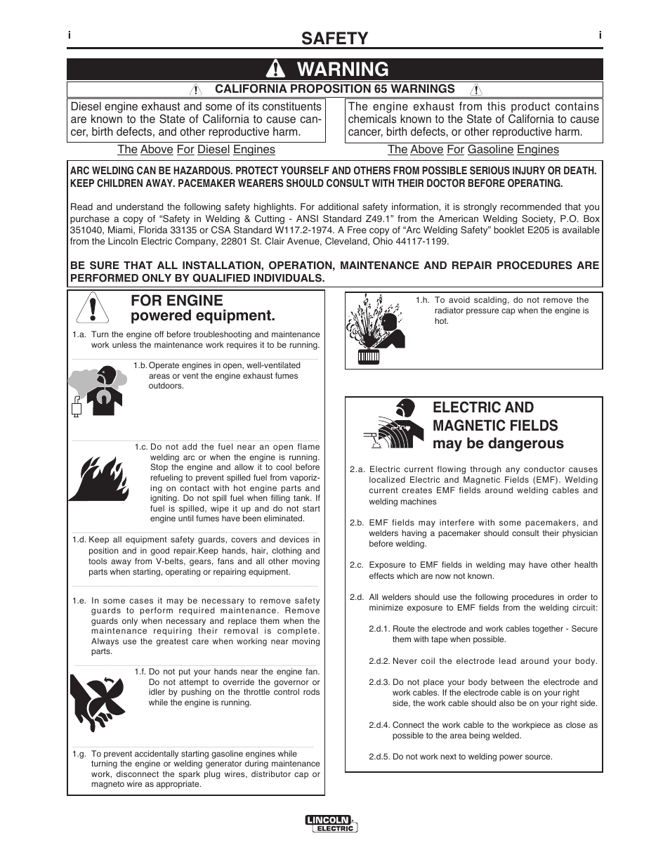 Warning, Safety, For engine powered equipment | Electric and magnetic fields may be dangerous | Lincoln Electric IM10076 LN-25 PRO User Manual | Page 2 / 64