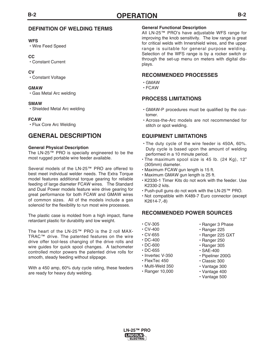 Operation, General description | Lincoln Electric IM10076 LN-25 PRO User Manual | Page 20 / 64