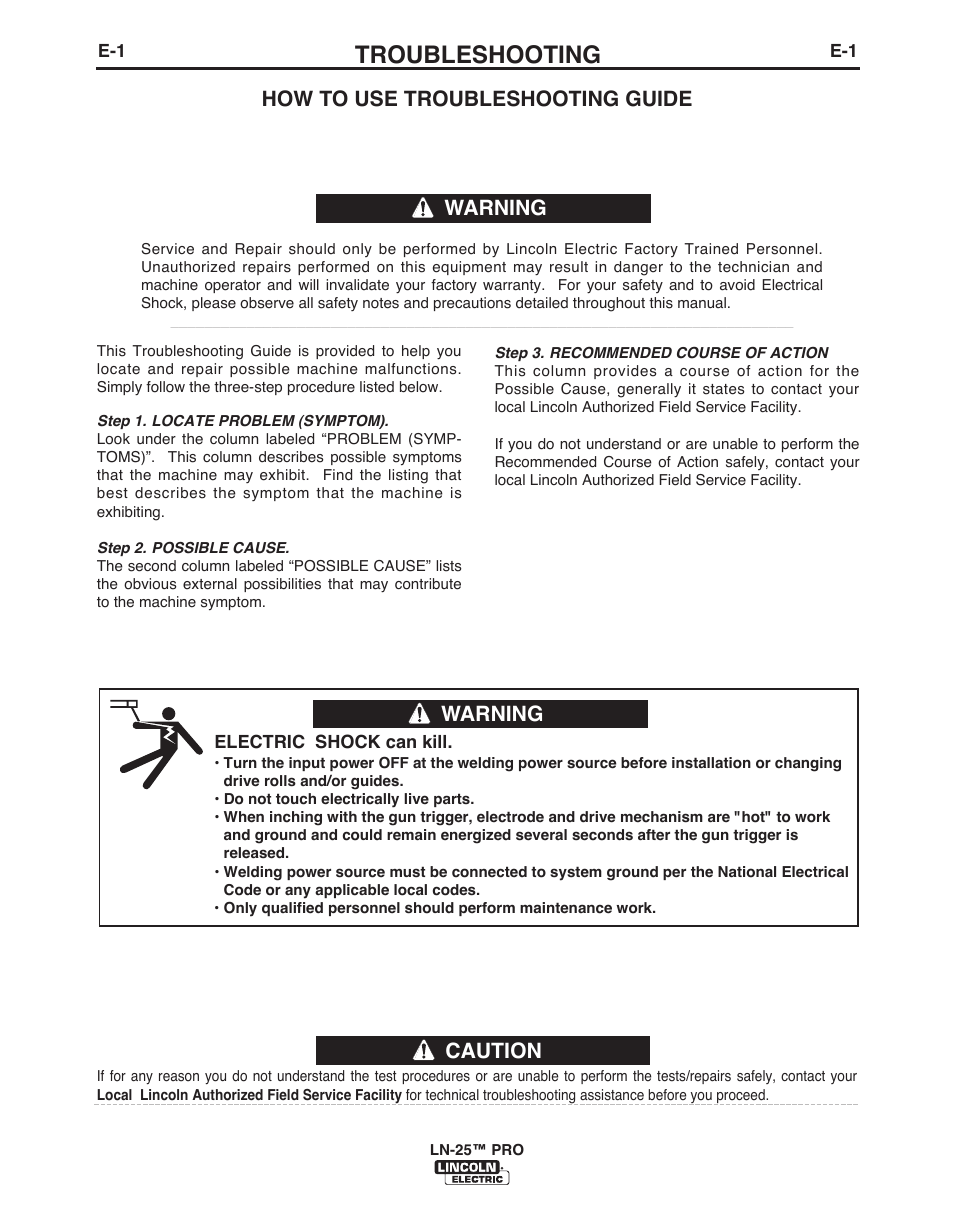 Troubleshooting, Caution, How to use troubleshooting guide | Warning | Lincoln Electric IM10076 LN-25 PRO User Manual | Page 34 / 64