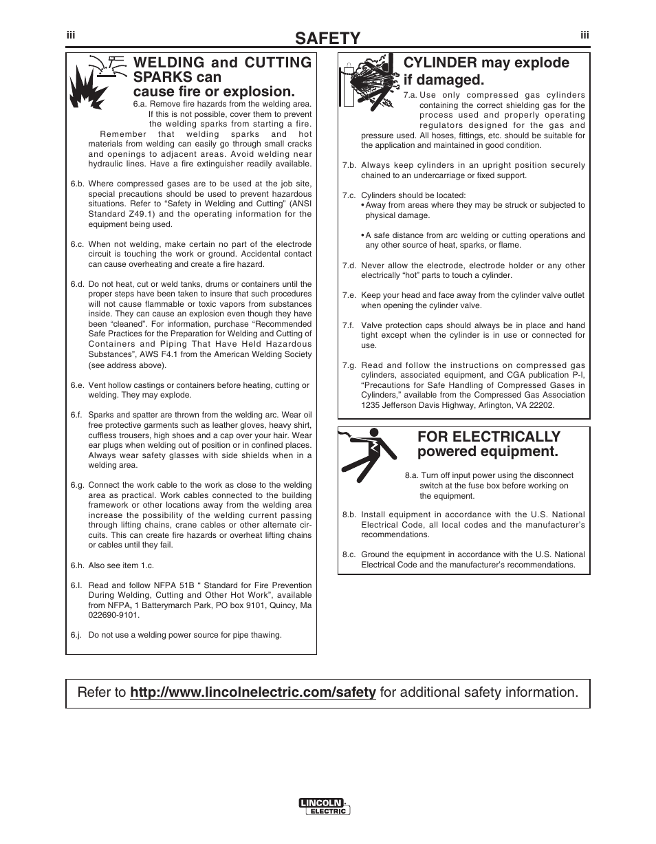 Safety, For electrically powered equipment, Cylinder may explode if damaged | Lincoln Electric IM10076 LN-25 PRO User Manual | Page 4 / 64