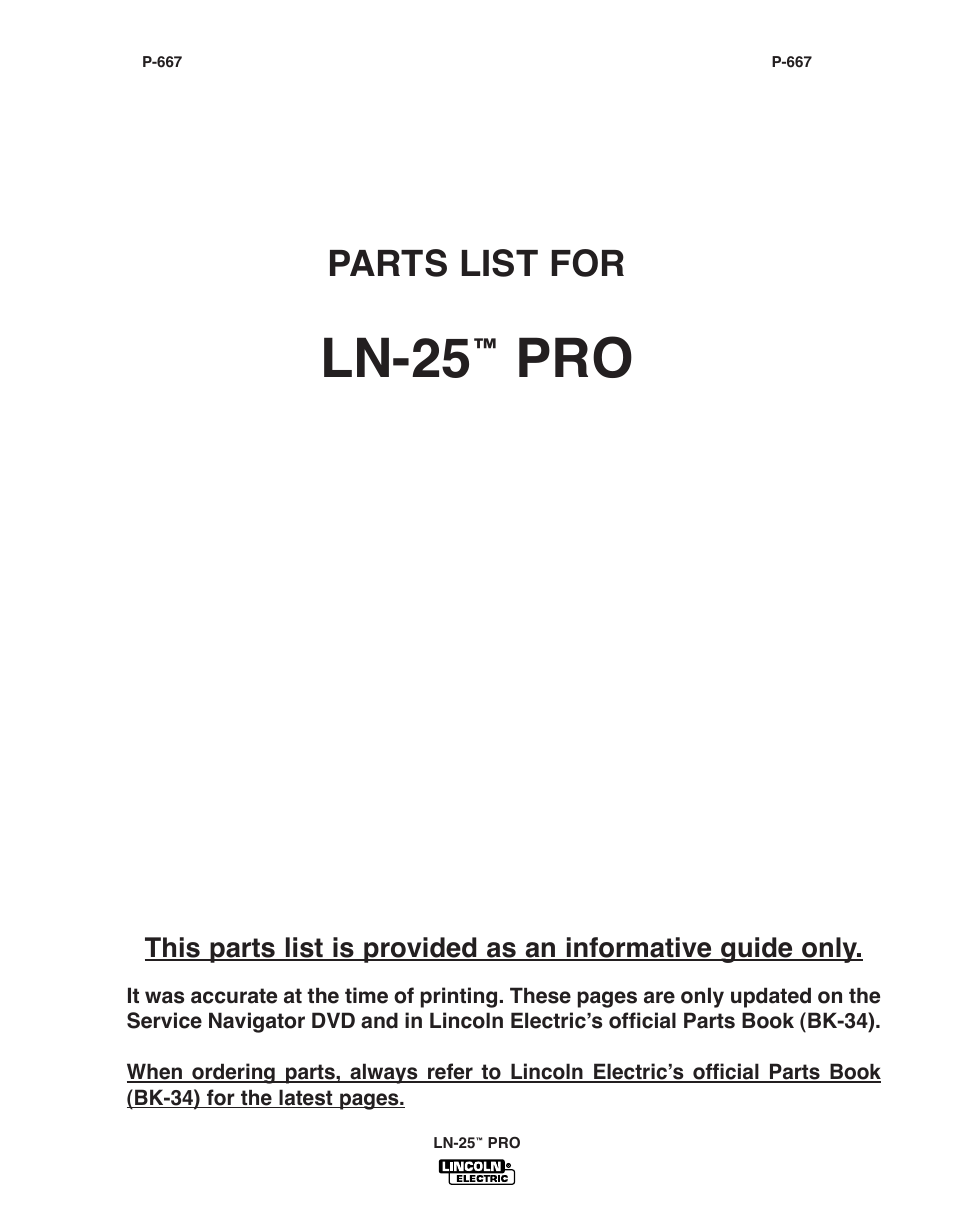 Ln-25, Parts list for | Lincoln Electric IM10076 LN-25 PRO User Manual | Page 41 / 64