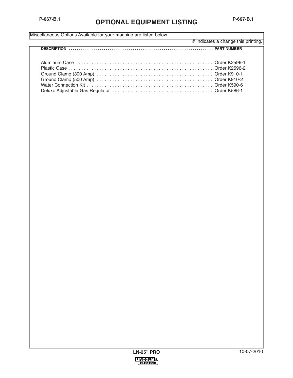 Optional equipment listing | Lincoln Electric IM10076 LN-25 PRO User Manual | Page 44 / 64