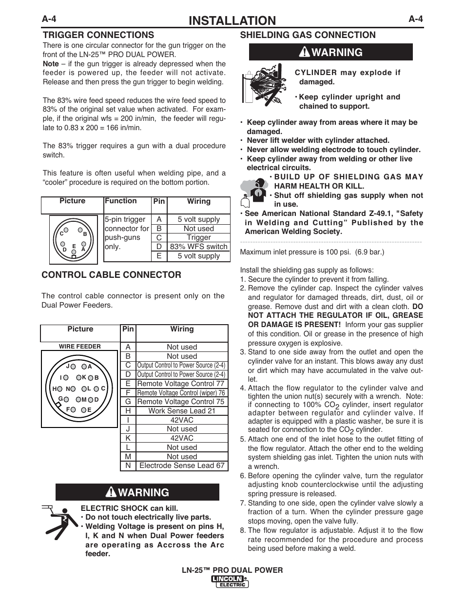 Installation, Warning | Lincoln Electric IM10079 LN-25 PRO DUAL POWER User Manual | Page 13 / 44