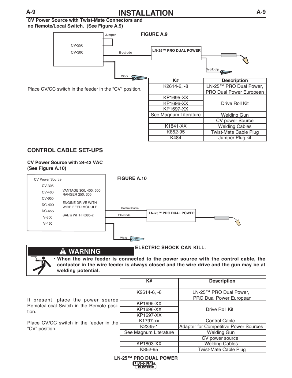 Installation, Warning, Control cable set-ups | Lincoln Electric IM10079 LN-25 PRO DUAL POWER User Manual | Page 18 / 44