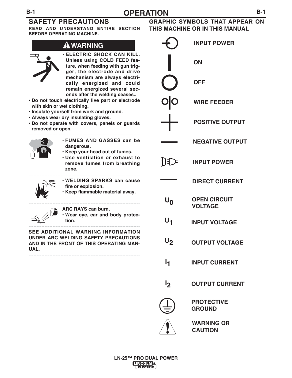 Operation, Warning safety precautions | Lincoln Electric IM10079 LN-25 PRO DUAL POWER User Manual | Page 19 / 44