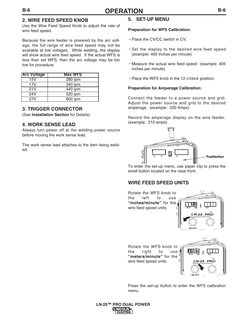 Operation, Wire feed speed units, Wire feed speed knob | Trigger connector, Work sense lead, Set-up menu | Lincoln Electric IM10079 LN-25 PRO DUAL POWER User Manual | Page 24 / 44