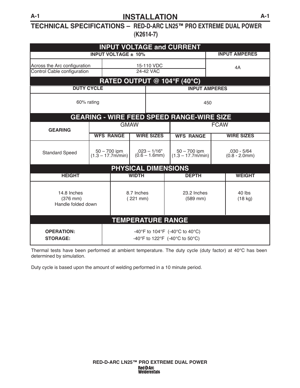 Installation, Temperature range, Physical dimensions | Gearing - wire feed speed range-wire size | Lincoln Electric IM10080 RED-D-ARC LN-25 PRO EXTREME DUAL POWER User Manual | Page 10 / 68