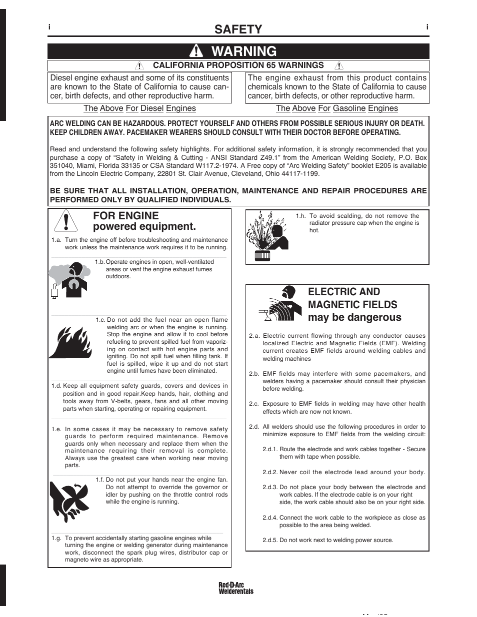 Warning, Safety, For engine powered equipment | Electric and magnetic fields may be dangerous | Lincoln Electric IM10080 RED-D-ARC LN-25 PRO EXTREME DUAL POWER User Manual | Page 2 / 68