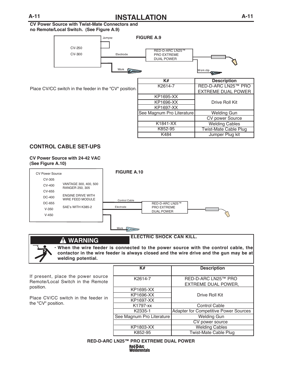 Installation, Warning, A-11 | Control cable set-ups | Lincoln Electric IM10080 RED-D-ARC LN-25 PRO EXTREME DUAL POWER User Manual | Page 20 / 68