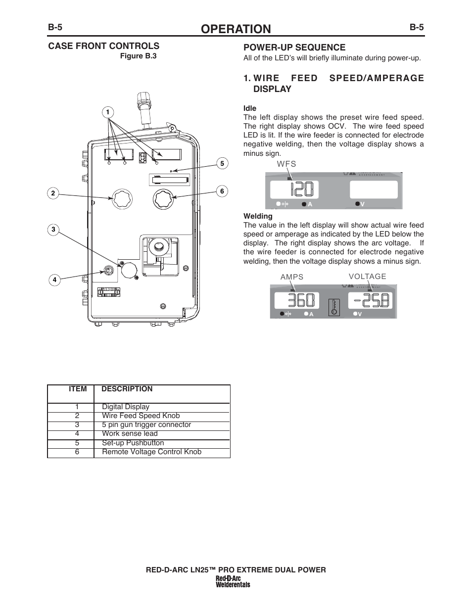 Operation, Power-up sequence, Wire feed speed/amperage display | Case front controls | Lincoln Electric IM10080 RED-D-ARC LN-25 PRO EXTREME DUAL POWER User Manual | Page 25 / 68