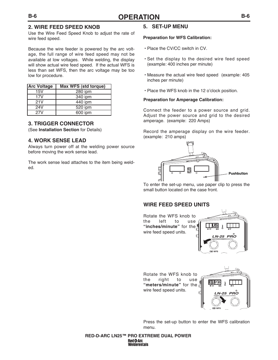 Operation, Wire feed speed units, Wire feed speed knob | Trigger connector, Work sense lead, Set-up menu | Lincoln Electric IM10080 RED-D-ARC LN-25 PRO EXTREME DUAL POWER User Manual | Page 26 / 68