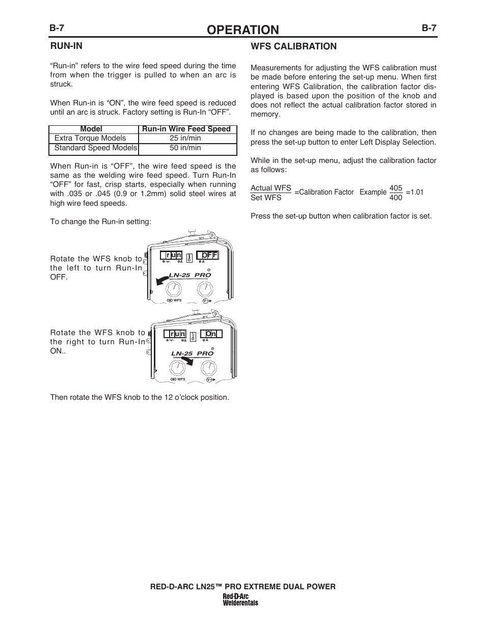 Operation, Wfs calibration, Run-in | Lincoln Electric IM10080 RED-D-ARC LN-25 PRO EXTREME DUAL POWER User Manual | Page 27 / 68