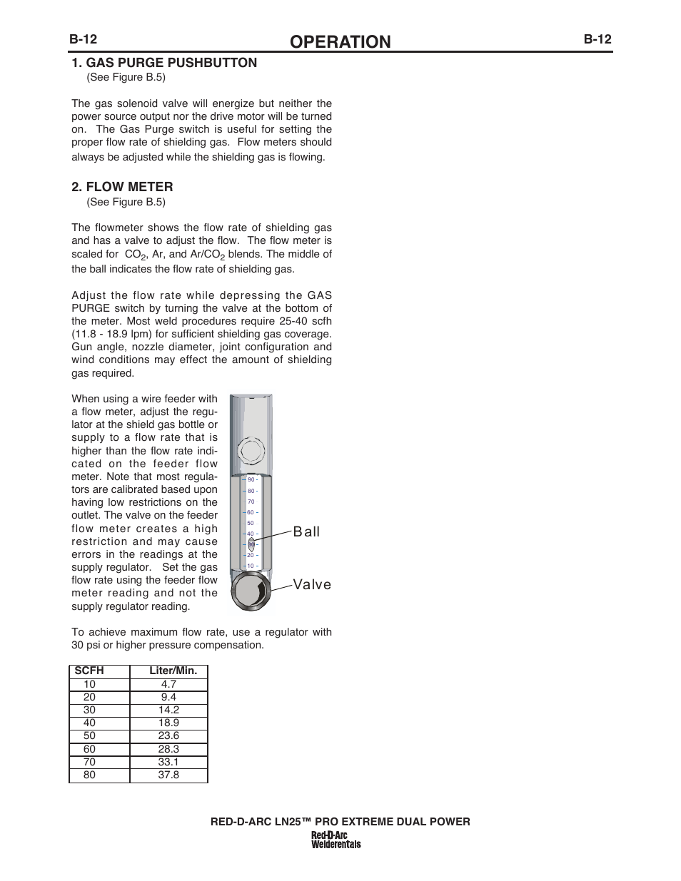 Operation, Valve b all, B-12 | B-12 1. gas purge pushbutton, Flow meter | Lincoln Electric IM10080 RED-D-ARC LN-25 PRO EXTREME DUAL POWER User Manual | Page 32 / 68