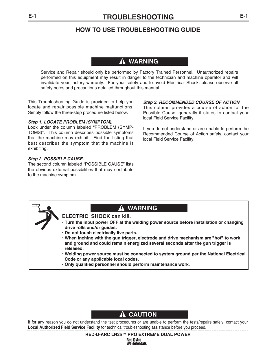 Troubleshooting, How to use troubleshooting guide warning, Warning | Caution | Lincoln Electric IM10080 RED-D-ARC LN-25 PRO EXTREME DUAL POWER User Manual | Page 38 / 68