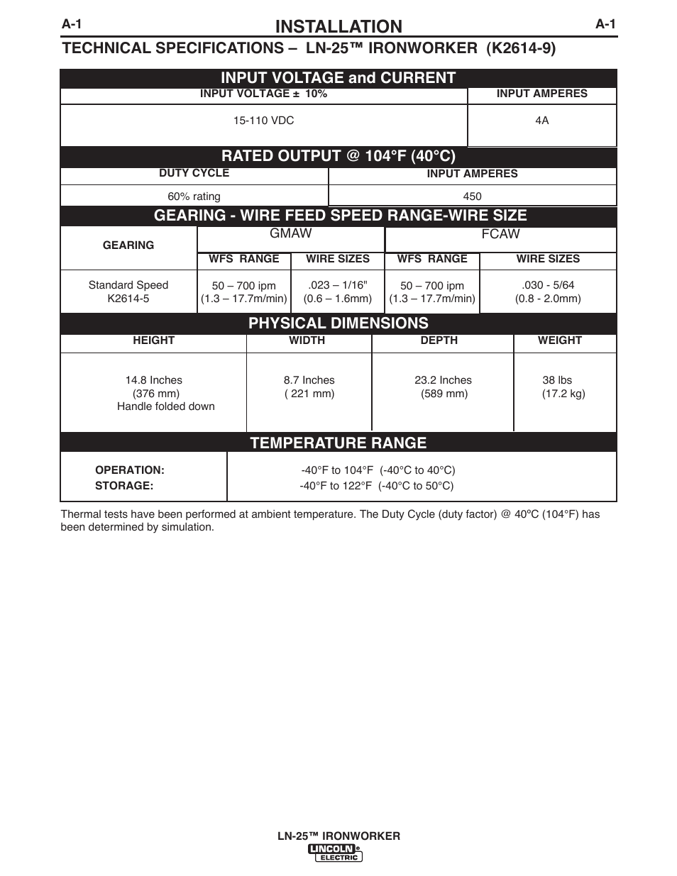 Installation, Temperature range, Physical dimensions | Gearing - wire feed speed range-wire size | Lincoln Electric IM10084 LN-25 IRONWORKER User Manual | Page 10 / 40