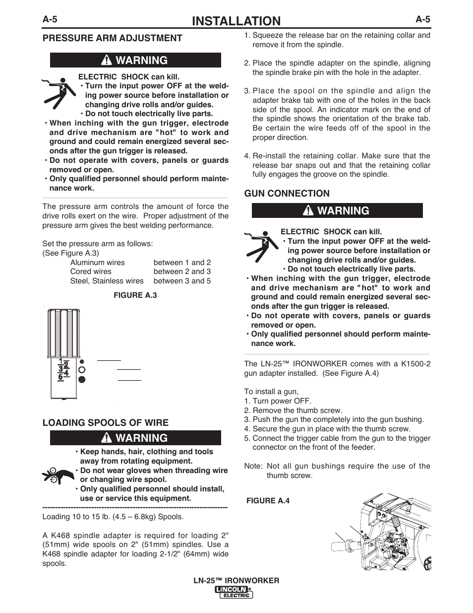 Installation, Warning | Lincoln Electric IM10084 LN-25 IRONWORKER User Manual | Page 14 / 40