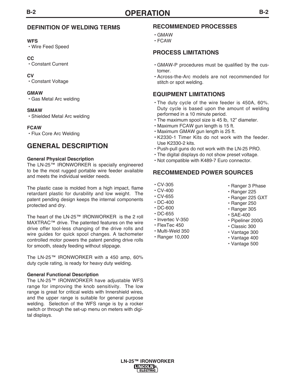 Operation, General description | Lincoln Electric IM10084 LN-25 IRONWORKER User Manual | Page 18 / 40