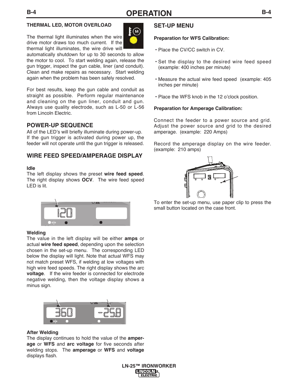 Operation, Power-up sequence, Wire feed speed/amperage display | Set-up menu | Lincoln Electric IM10084 LN-25 IRONWORKER User Manual | Page 20 / 40