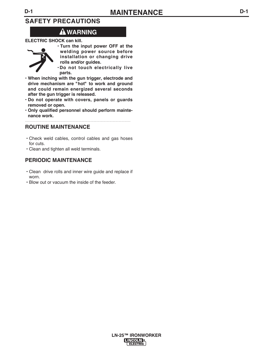 Maintenance, Warning safety precautions | Lincoln Electric IM10084 LN-25 IRONWORKER User Manual | Page 29 / 40