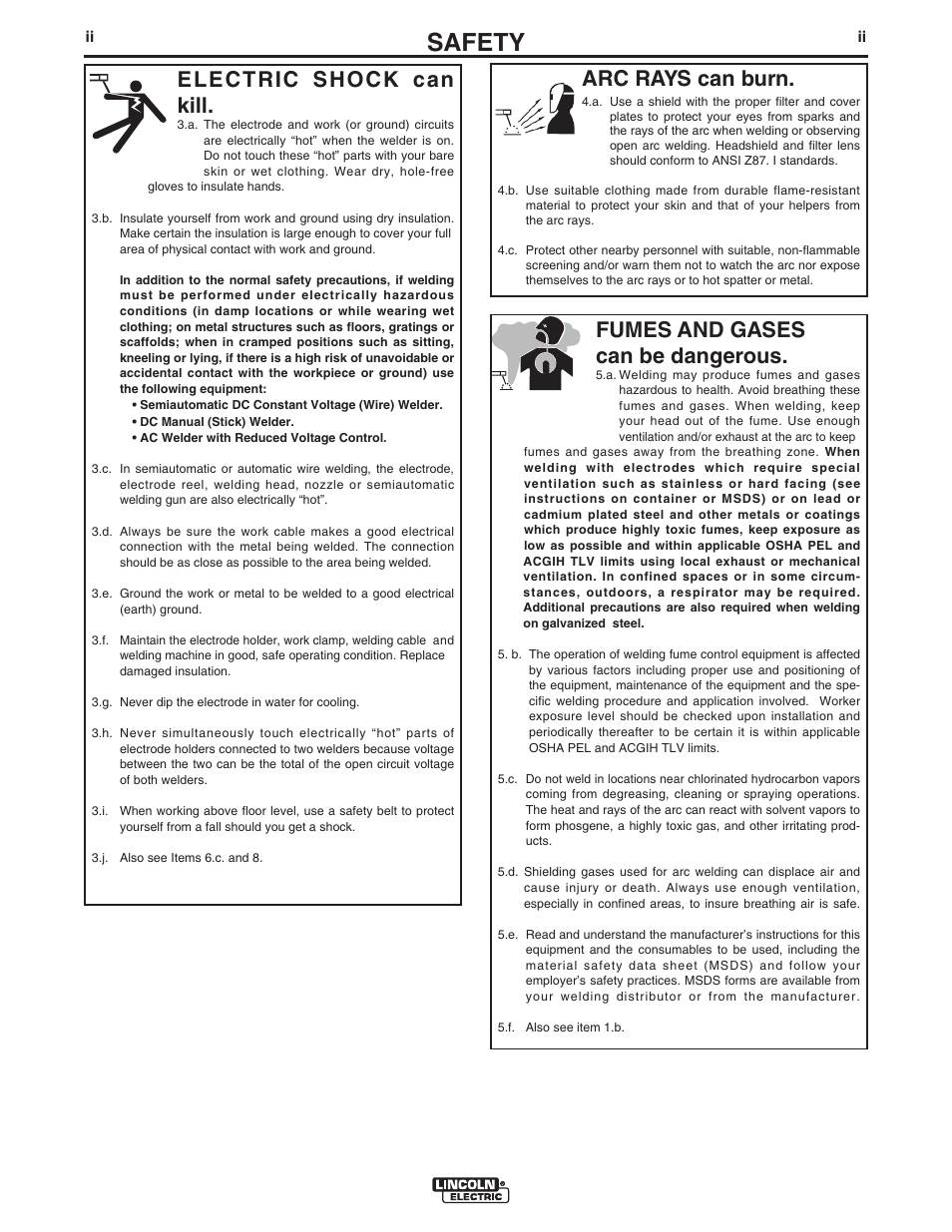 Safety, Arc rays can burn, Electric shock can kill | Fumes and gases can be dangerous | Lincoln Electric IM10084 LN-25 IRONWORKER User Manual | Page 3 / 40